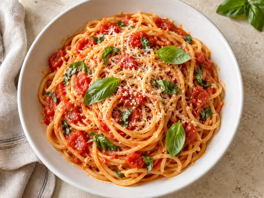 Illustration de spaghetti tomate et basilic